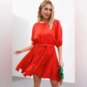 The Nines Red Flowy Mini Dress Tie Waist Bell Sleeves Womens Size Large